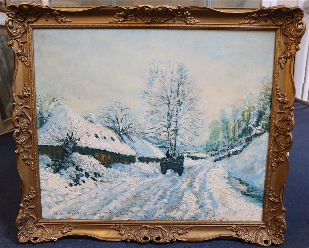 Tom Keating after Claude Monet La Charette, Route sous la neige à Honfleur 20 x 24in.